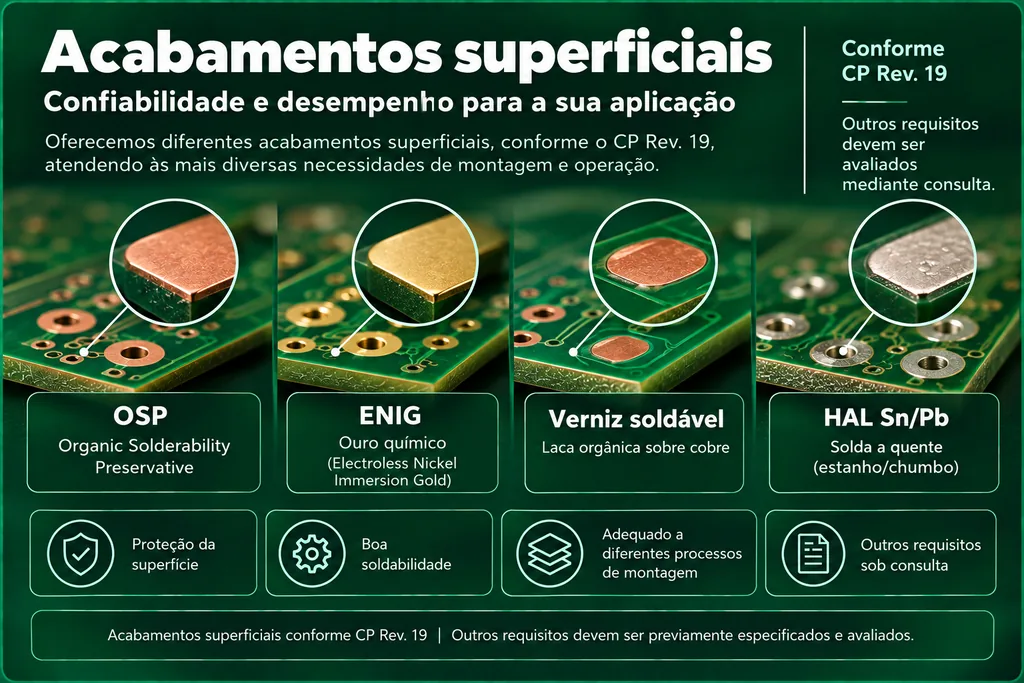 Quatro placas com detalhes ampliados de ilhas acabadas em OSP, ENIG, verniz soldável e HAL Sn/Pb.