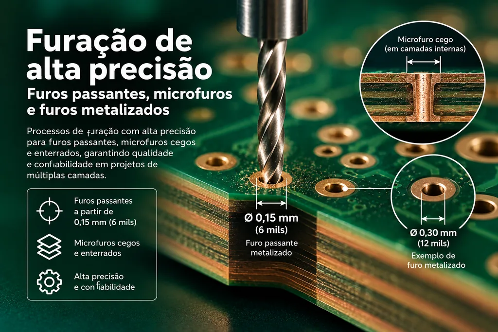 Broca furando uma placa multicamadas, com detalhe de um furo passante metalizado cotado em Ø 0,15 mm.