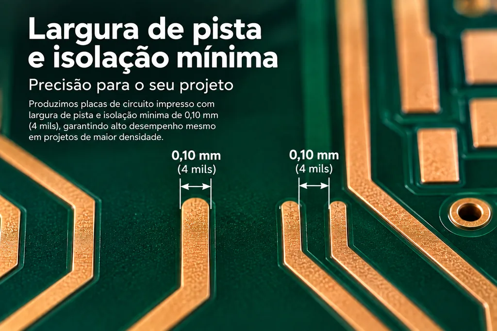 Detalhe ampliado de pistas de cobre sobre placa verde, com duas cotas de 0,10 mm (4 mils): uma sobre a largura de uma pista e outra sobre o vão livre entre duas pistas vizinhas.