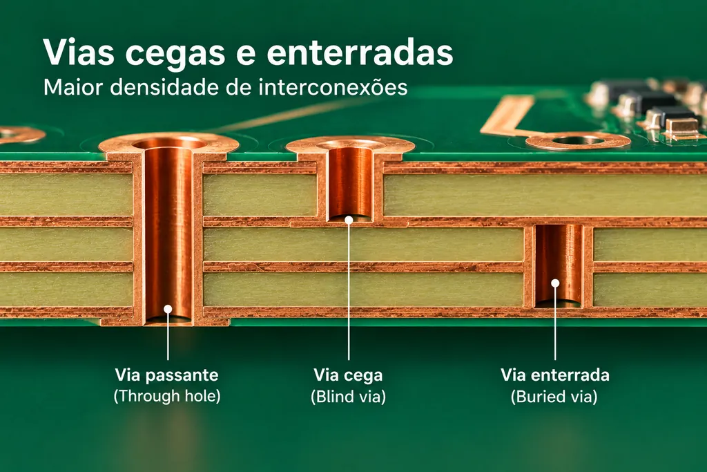 Corte de uma placa multicamadas mostrando lado a lado uma via passante, uma via cega e uma via enterrada.