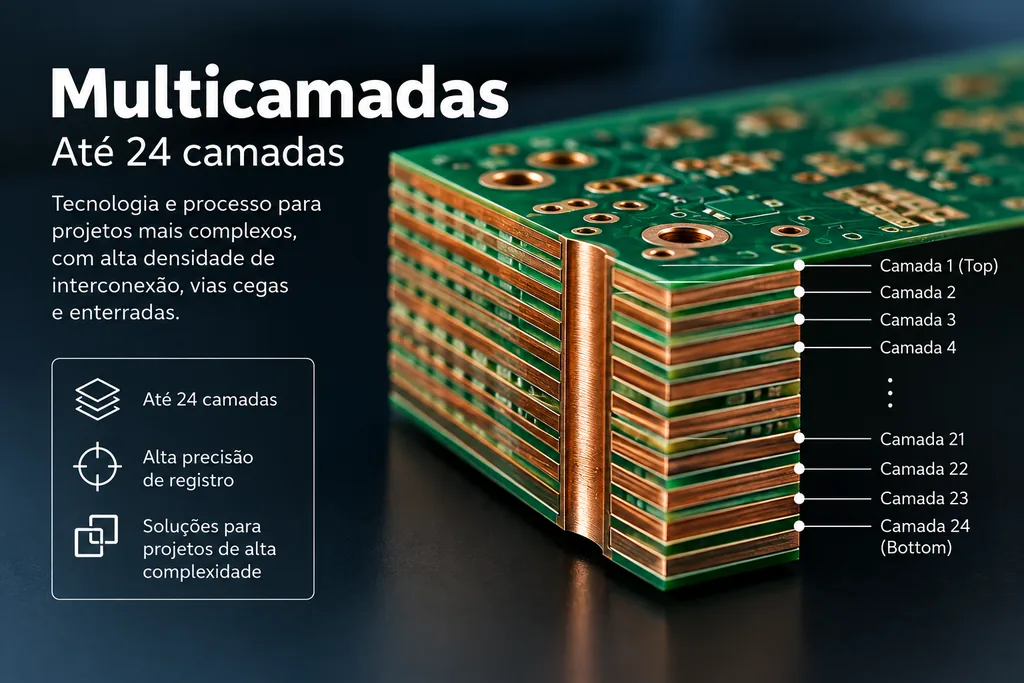 Corte de uma placa multicamadas com as lâminas de cobre e os núcleos empilhados, identificando as camadas.