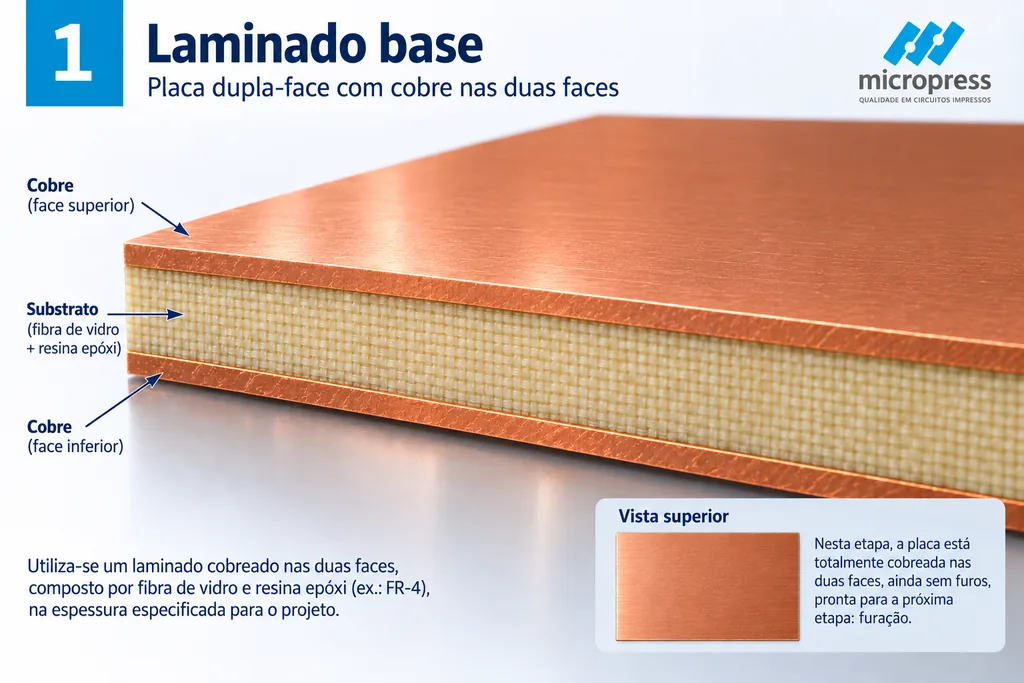 Corte em perspectiva de um laminado FR-4: folha de cobre na face superior, núcleo de fibra de vidro trançada com resina epóxi ao centro e folha de cobre na face inferior, sem furos e sem circuito.
