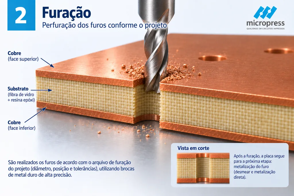 Broca helicoidal de metal duro atravessando o laminado cobreado, com cavacos de cobre na superfície e dois furos já abertos ao lado; o corte mostra o furo passando pelas duas folhas de cobre e pelo núcleo de fibra de vidro.