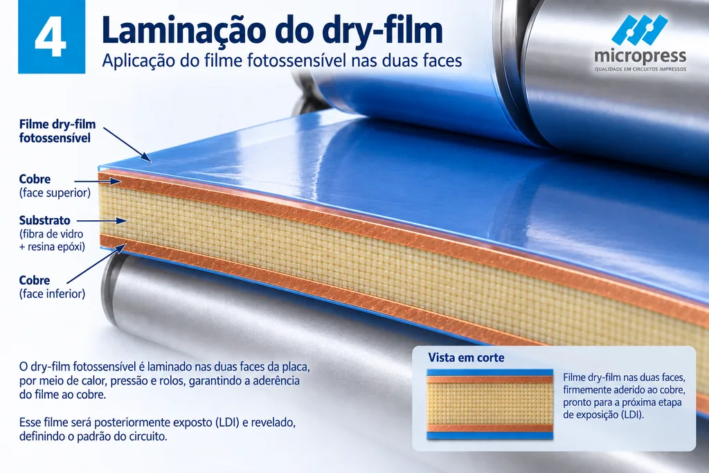 Placa passando entre dois rolos metálicos que aplicam o filme fotossensível azul sobre o cobre; o corte lateral mostra o filme aderido às duas faces, sobre as folhas de cobre e o núcleo de fibra de vidro.
