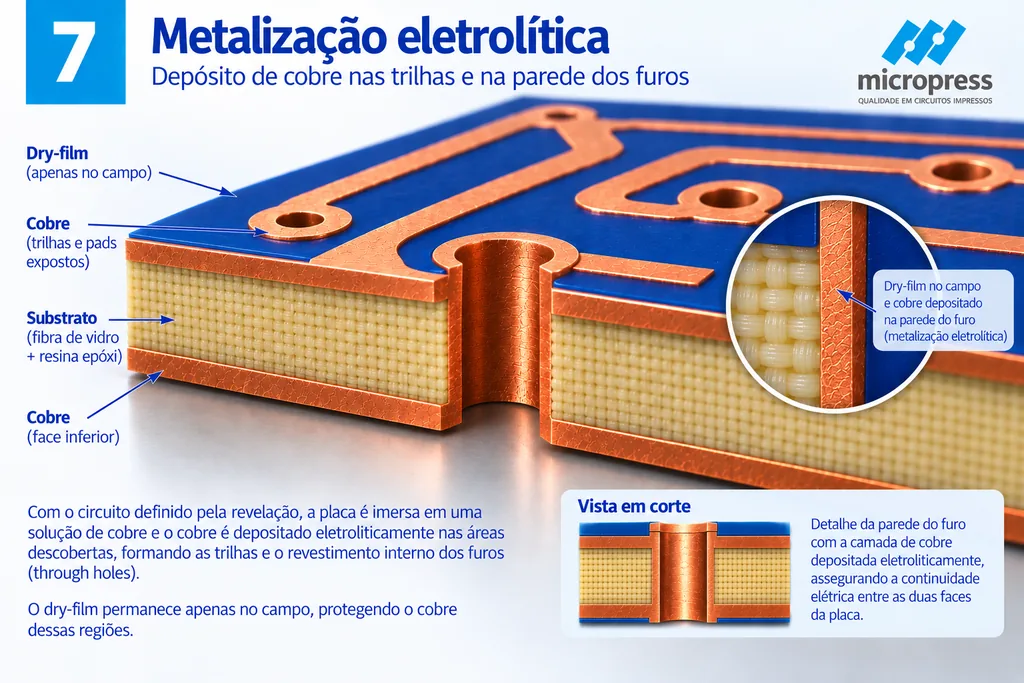 Placa com dry-film azul cobrindo o campo e as trilhas e ilhas de cobre expostas nos canais abertos; o furo em corte mostra a parede revestida de cobre, com detalhe ampliado da junção entre o filme no campo e o cobre depositado.