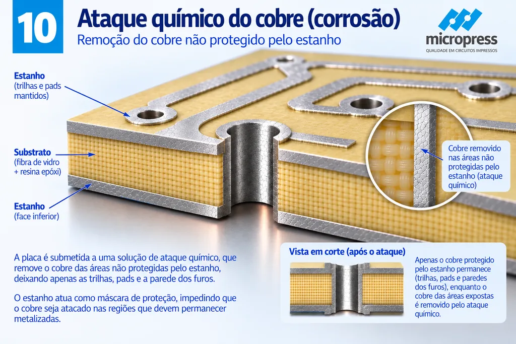 Placa após a corrosão: o cobre do campo desapareceu e o substrato aparece nu entre as trilhas, que permanecem recobertas de estanho prateado, isoladas umas das outras.