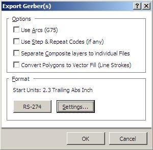 Janela de exportação Gerber com o botão Settings