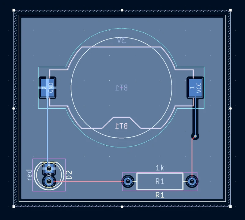 Placa no PCB Editor do KiCad com a zona de cobre já preenchida