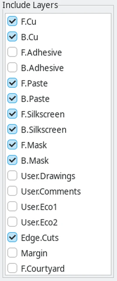 Painel Include Layers do KiCad com as sete camadas de uma placa dupla face marcadas