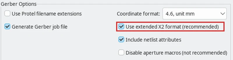 Opções de Gerber do KiCad com a caixa Use extended X2 format em destaque