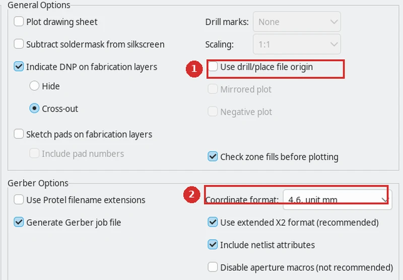 Campos de formato de coordenadas e de origem na janela Plot do KiCad