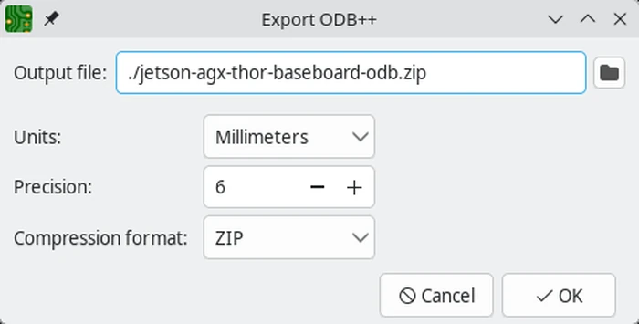 Janela Export ODB++ do KiCad com os campos Output file, Units, Precision e Compression format