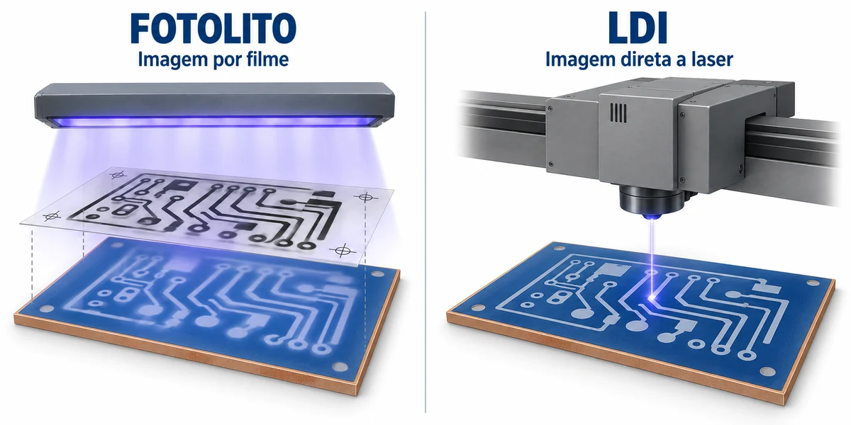 Comparação visual entre exposição por fotolito, com o filme posicionado sobre a placa e luz ultravioleta em área total, e exposição por LDI, com um cabeçote laser gravando diretamente sobre o dry film