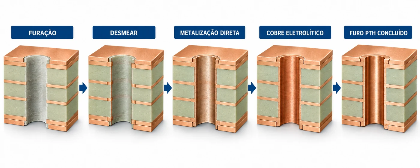 Cinco cortes em sequência mostrando o furo após a furação, depois do desmear, com a camada de metalização direta, com o cobre eletrolítico e o furo metalizado concluído